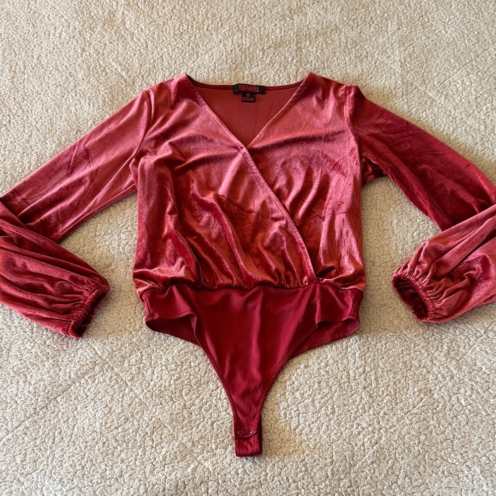 Rock & Roll Denim Velvet Wrap Bodysuit in Deep Red Small